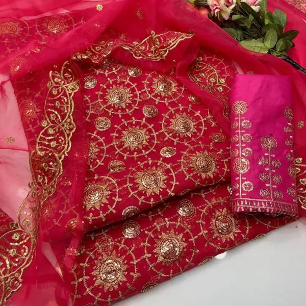 3 Pcs Women's  Unstitched Organza Embroidered Fancy Dress